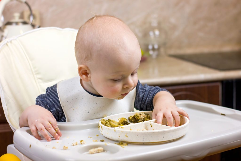Bébé assis sur une chaise haute et langeant avec les mains des brocolis en piochant directement dans son assiette à compartiments